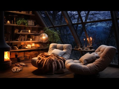 Thunderstorm with Lightning, Rain on Window and Gentle Crackling Fire in a Cozy Lounge Area