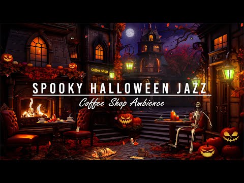 Spooky Night at Cozy Fall Cafe Halloween Ambience 🎃🦇 Relaxing Piano Jazz Music & Crackling Fireplace