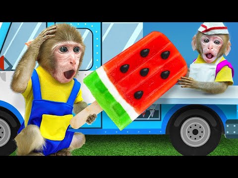 KiKi Monkey drink Delicious Watermelon Ice Cream at Swimming Pool with Duckling | KUDO ANIMAL KIKI