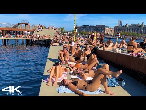 [4K] 🇩🇰 Copenhagen City Beach ☀️ Kalvebod Brygge Harbor Beach Walk, Swimming Season, Denmark 2023