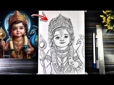 How To Draw Lord Kartikeya Murugan With Grid Method, Lord Murugan Drawing Pencil, Kartik Thakur