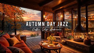 Cozy Autumn Porch Ambience 🍂 Rainy Day with Jazz Relaxing Music & Fireplace Sounds to Study, Work