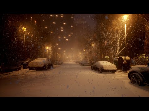 Quiet Snowy Night in the Empty City | Peaceful Winter Ambience with Snowfall & Distant City Sounds