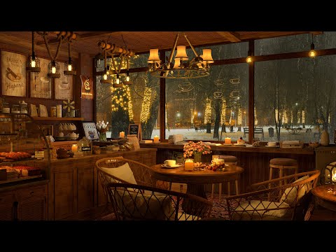 4K Cozy Coffee Shop Ambience & Crackling Fireplace ☕ Smooth Jazz Music to Relax/Study/Work to