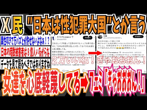 【ツイフェミ】X民「""日本は性犯罪大国""とか言ってる女達を心底軽蔑してる」→ フェミ「ぎゃおおおん！」【ゆっくり 時事ネタ ニュース】