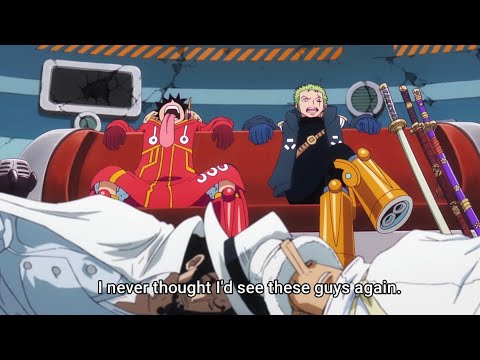 Luffy & Zoro chilling on the couch with Lucci and Kaku at their feet (English Sub)