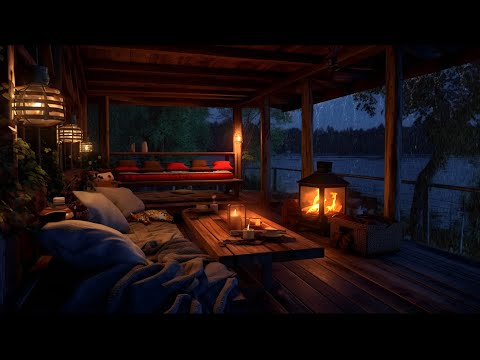 Heavy Rain and Crackling Fire on a Cozy Covered Terrace Lakeside