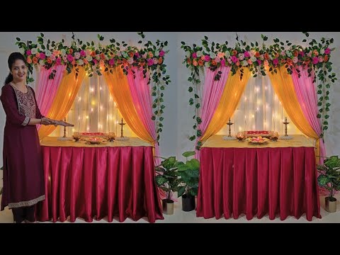 simple & Easy Diwali backdrop decoration ideas for home / Table skirting using saree at home