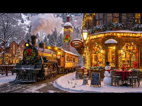 Warm Holiday Jazz, Snowy Night at a Cozy Street Coffee Shop in Festive Winter Town - Christmas Vibes