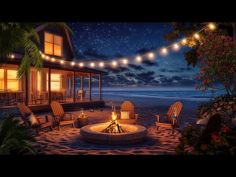 Nighttime Beach Haven | Tranquil Beach House Ambience with Soothing Waves, Crackling Fire