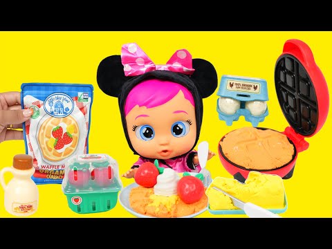 Cry baby doll Minnie's Morning Routine making breakfast with new waffle maker kit by Little Tikes