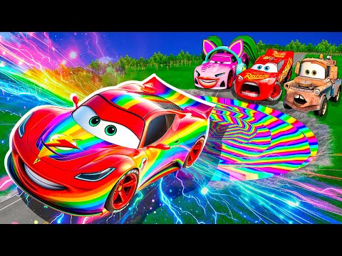 Rainbow Pit Transform In Big & Small:McQueen Golden & Mater vs  Pixar Cars! Beam.NG Drive!