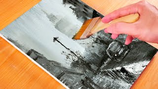 Learn How to Paint a Winter Cityscape & Get Super impressed! / Black And White Acrylic  Painting