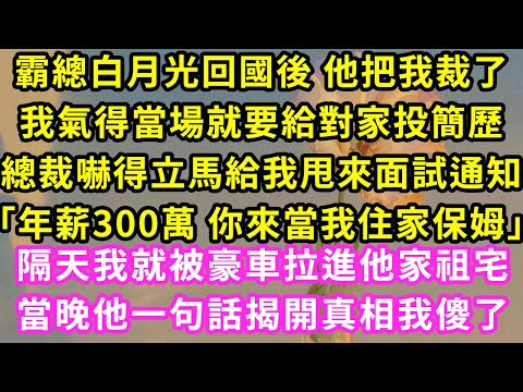 霸總白月光回國後 他把我裁了,我氣得當場就要給對家投簡歷,總裁嚇得立馬給我甩來面試通知「年薪300萬 你來當我住家保姆」隔天我就被豪車拉進他家祖宅,當晚他一句話揭開真相我傻了#甜寵#灰姑娘#霸道總裁