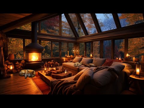 Cozy Rainy Day in Autumn with Crackling Fireplace, Dog and Cats - Sleep, Relax or Study