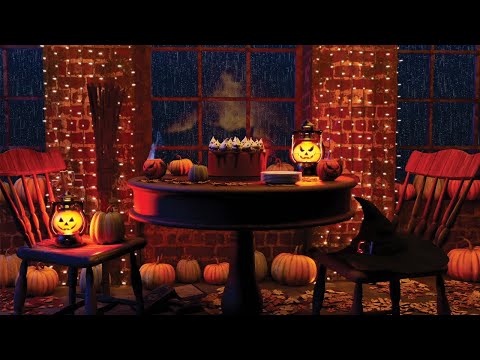 Cozy Halloween Night In Ambience: Crackling Fireplace Sounds, Rain on Window, Bubbling Brew