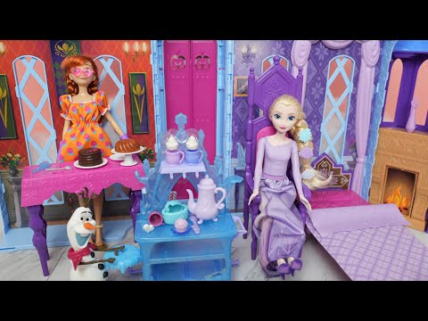 Elsa and Anna dolls Morning in Arendelle Castle dollhouse with Olaf