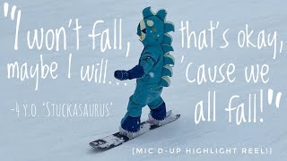 Mic’d up ‘stuckasaurus’ highlight reel! 4 y.o. daughter narrates her snowboarding adventures.🏂