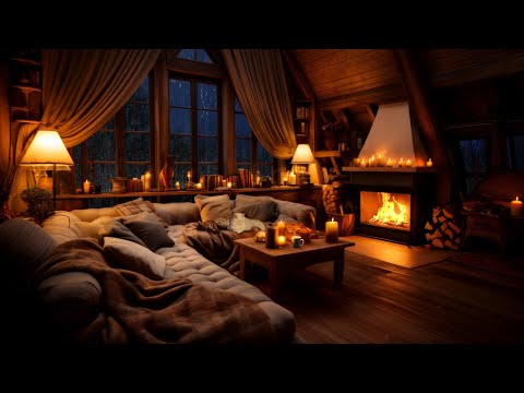 Thunderstorm and Rain at Night in a Cozy Wooden Cabin with Crackling Fire