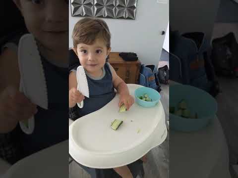 #shorts 2 year old cutting up cucumbers | teaching toddler independence | alternative to a tantrum