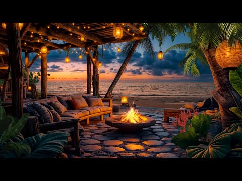 Exotic Beach Oasis at Sunset | Warm Fireplace and Relaxing Ocean Waves for a Cozy Atmosphere