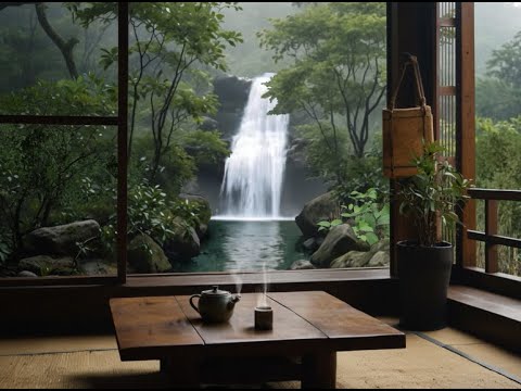 Traditional Japanese Tea Room Zen Ambience | Waterfall Sounds for Relaxation (Vertical Verison)