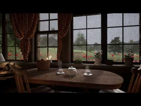 Cozy Cabin Window with Rainy Meadow View | Relaxing Rain Sounds for Sleep & Study | Rain On Window