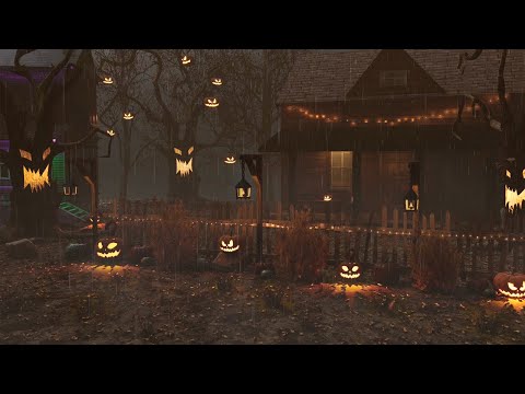 Halloween Street Ambience: Heavy Halloween Night Rain and Thunder for a Spooky, Cozy Night