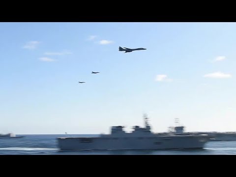 B-1 Bombers & F-18s Low-level Flyover – 3-Carrier US/Japan/Korea JOINT SHOW OF FORCE