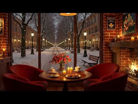 Snowy Winter Night at Coffee Shop Ambience 4K ❄ Relaxing Jazz Music to Relax/Study to