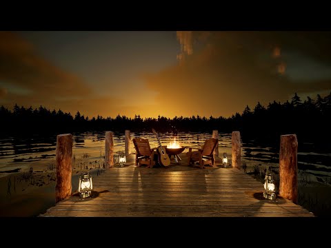 Campfire on the Sunset Lake Ambience 8 Hours | Crackling Fire, Crickets, Frogs, Grass bugs