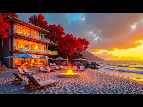 Autumn Jazz Ambience At Beachside Villa | Sunset Jazz And Sea Sounds For Tranquil Energy